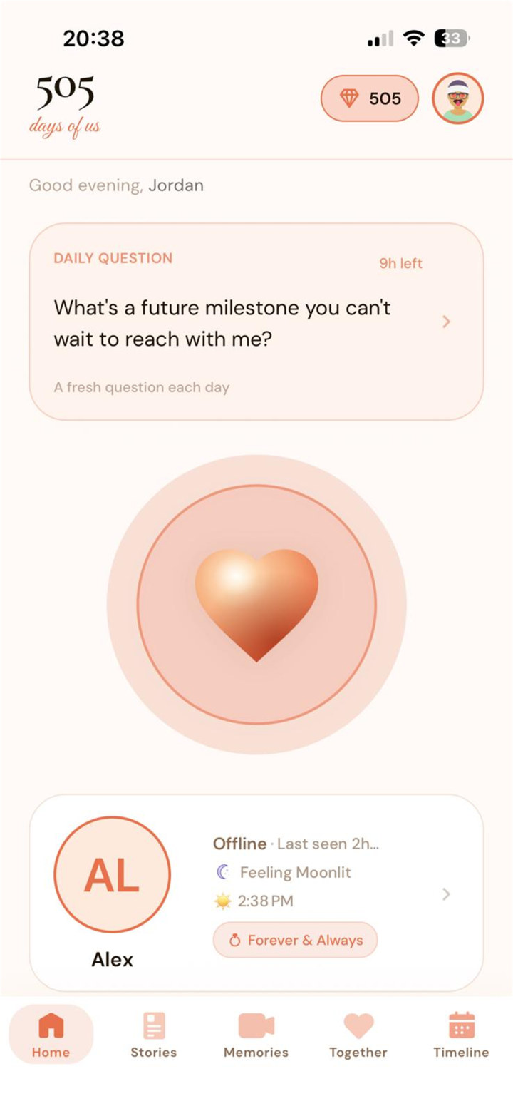 Loventide home screen showing 505 days together, the daily question, and a partner card