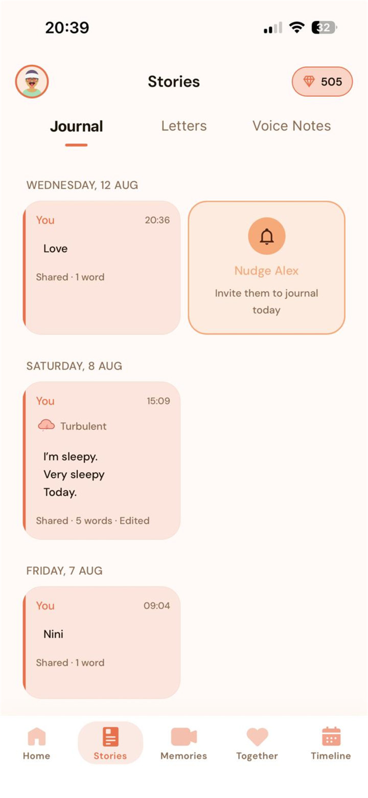 The shared journal in Loventide with dated entries and a nudge to invite your partner to journal